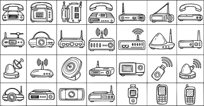 Technology Communication Network Devices Line Art Icons Set. Black and White Hand Drawn Doodle Sketch of Phones, Routers, Modems, and Electronics.