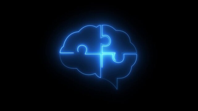 glowing neon brain puzzle icon isolated on black background. brain icon symbolizing intelligence and problem solving against. Glowing Brain Puzzle Icon and Symbol in HD Video Neon Animation.4K,,,,,...