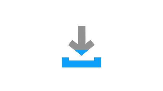 download icon against a white background illustration. A flat graphic illustration featuring a blue download icon against a contrasting white background.