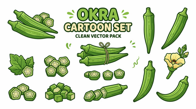 Comprehensive okra vegetable vector set with whole pods slices cubes and flower illustrations
