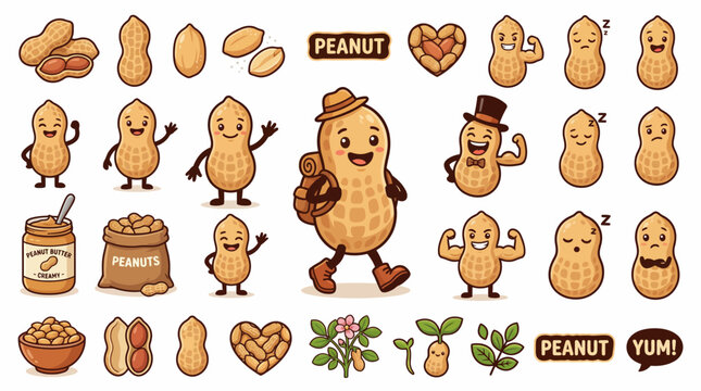 Cute peanut mascot character vector set featuring peanut butter jar and various legume poses