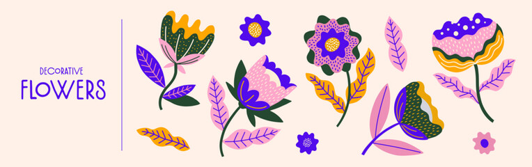Set of abstract decorative flowers and leaves on beige background. Flat vector illustration with floral elements. Springtime holidays. Design for banner, greeting card, invitation, postcard.