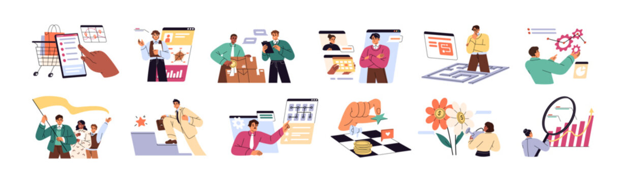 Business development concept set. Team is meeting, planning work, solving problems and achieving success. Employees do analysis, research and teamwork. Flat isolated vector illustrations on white