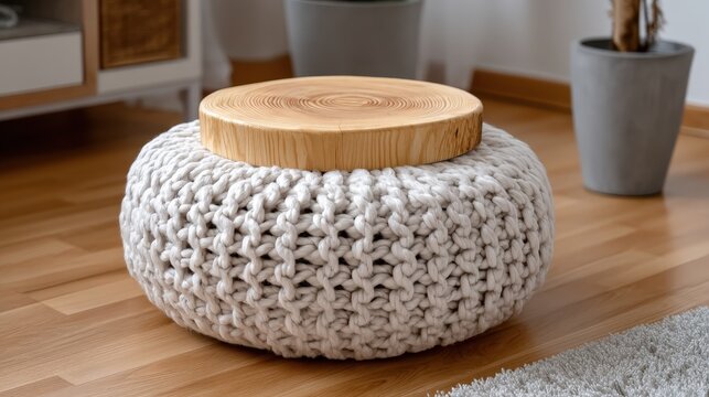 A rustic wooden bed sits on brown flooring with gray linen and beige pillows. A round woven stool holds a knitted blanket