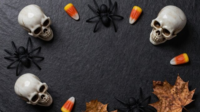 Halloween frame flat lay with human skulls spiders candy corn and dried autumn leaves on black slate.