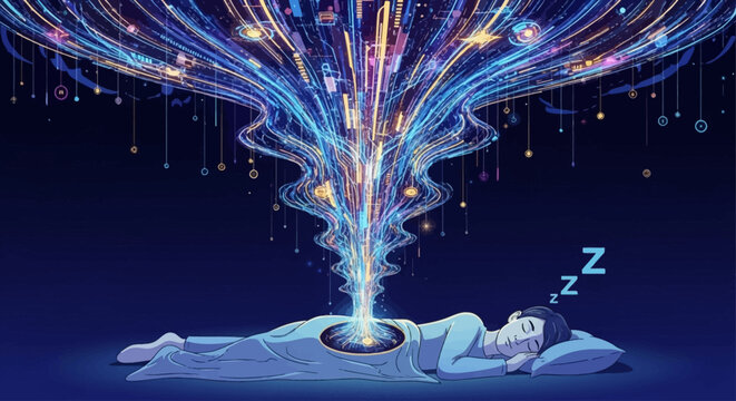 A person sleeps peacefully as vibrant dreamlike streams of light and color burst from their head.