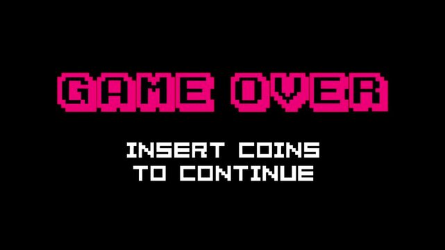 Retro style "Game Over" text animation with "Please Insert Coin" classic arcade style screen, gaming, nostalgia, 8-bit, pixel, vintage. 4k video