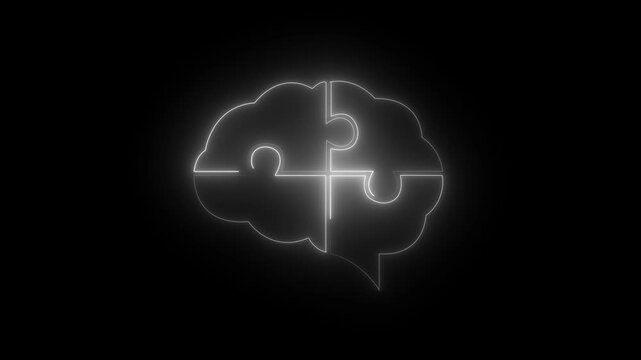 glowing neon brain puzzle icon isolated on black background. brain icon symbolizing intelligence and problem solving against. Glowing Brain Puzzle Icon and Symbol in HD Video Neon Animation.4K,,,,,...