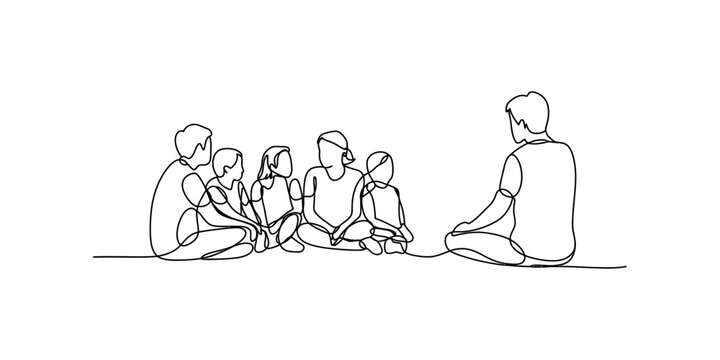 A single continuous line drawing of a person sitting and telling a story to a group of children Vector, illustration