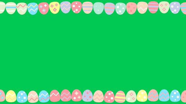 Patterned Easter eggs slide to form a festive border on a green screen for spring holiday greetings and seasonal video templates.