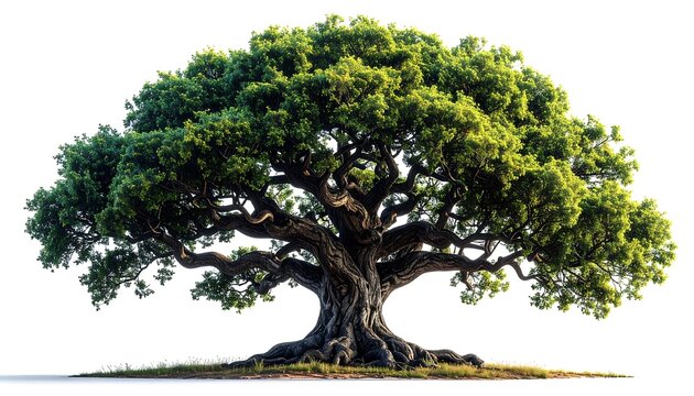 A detailed, isolated image of a massive oak tree in full leaf with a textured, weathered trunk and expansive canopy