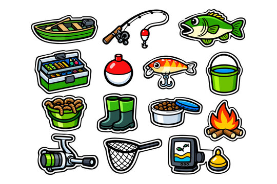 Colorful fishing equipment stickers: rods, fish, boots, campfire, and more.