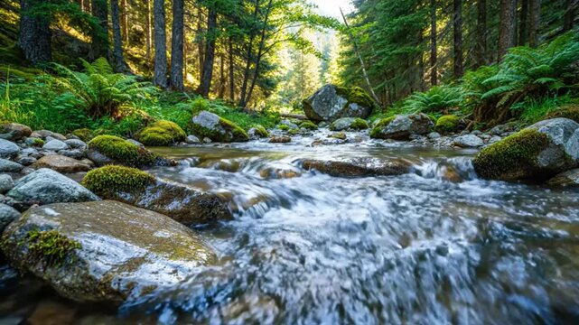 Tranquil Forest Stream Flowing Through Nature&acirc;&euro;TMs Woodland Landscape with Green Moss and Sunlight