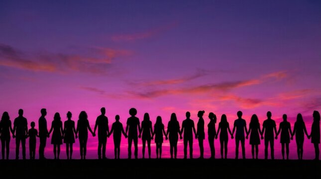 Silhouette of helping hands as a diverse group of people hold hands against a vibrant purple and pink sunset sky, symbolizing unity and support