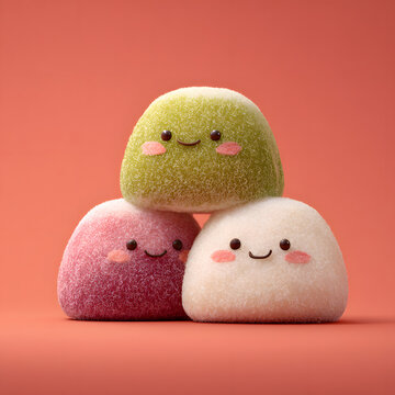 Cute smiling mochi characters on pink background
