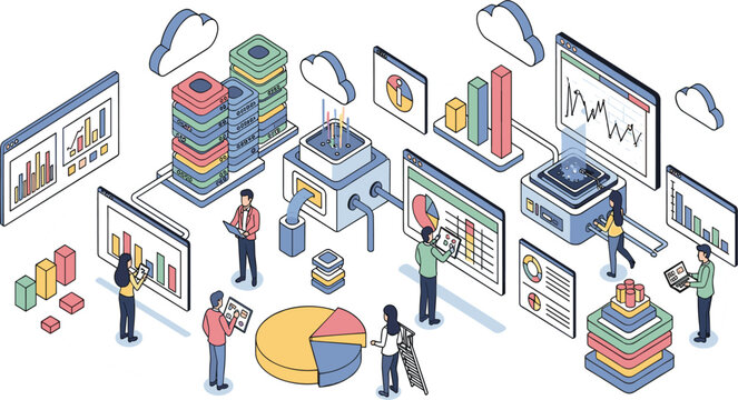 Big Data Analytics and Cloud Data Processing Concept with Business Intelligence Dashboards, Data Visualization Charts, and Team Analyzing Digital Information Systems