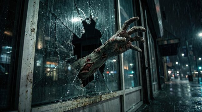 Zombie hand breaking through shattered glass window on rainy night in city street, eerie lighting and wet reflections