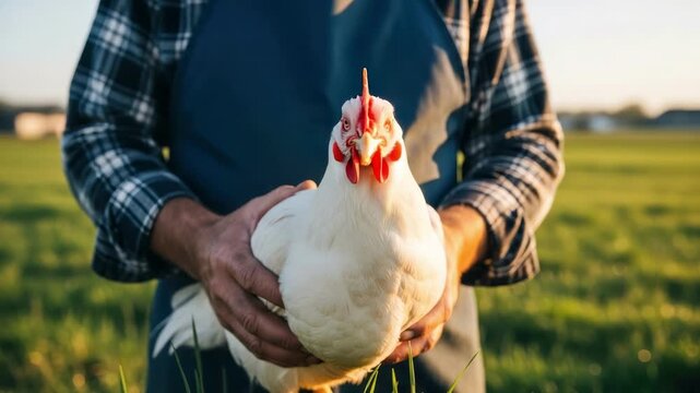 Man in plaid shirt holds white chicken gently in hands, standing in a green field during sunset with soft lighting and natural surroundings