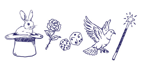 Set of magician's elements, tools for magic tricks. Hand drawn Professional illusionist equipment: hat with rabbit, magic wand, flower, dove, dice. Hand drawn Vector doodle illustration