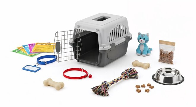 Pet store adoption event with toys, food, and accessories on white background  