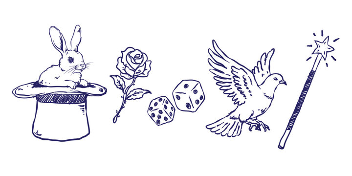 Set of magician's elements, tools for magic tricks. Hand drawn Professional illusionist equipment: hat with rabbit, magic wand, flower, dove, dice. Hand drawn Vector doodle illustration