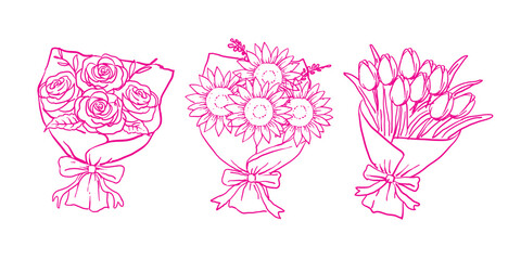 Set of hand drawn beautiful Bouquets of Narcissus, Roses, Sunflowers, Tulips, line sketch style. Spring fresh flowers wrapped in gift paper with ribbon. trendy Vector illustration