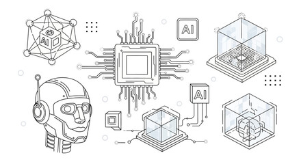 Fototapeta premium Monochrome line art illustration of DJ equipment including turntable headphones mixer and speakers.