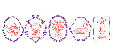 Vintage ornamental frame vector set, hand drawn line art elements floral teapot, cocktail glass with ribbon, flower vase, swan, and candle. design illustration doodle style