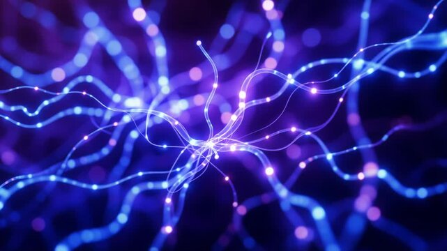 Flowing blue and purple nerve cells sending electrochemical impulses through a complex system