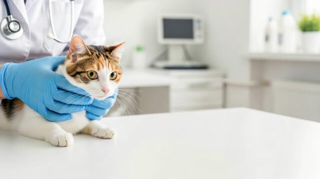 Veterinarian examines calico cat with gentle grip, showcasing care and attention in a bright, modern veterinary clinic setting