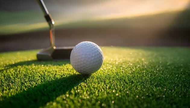 Close up of a golf ball on a green with a putter in the background during sunset.