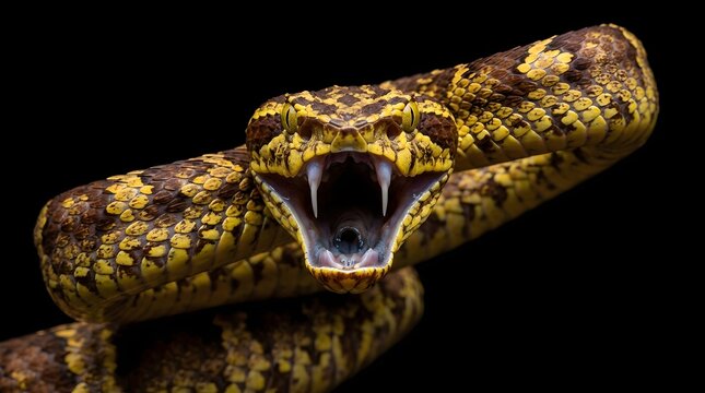 Close-up of a venomous snake with open mouth on black background