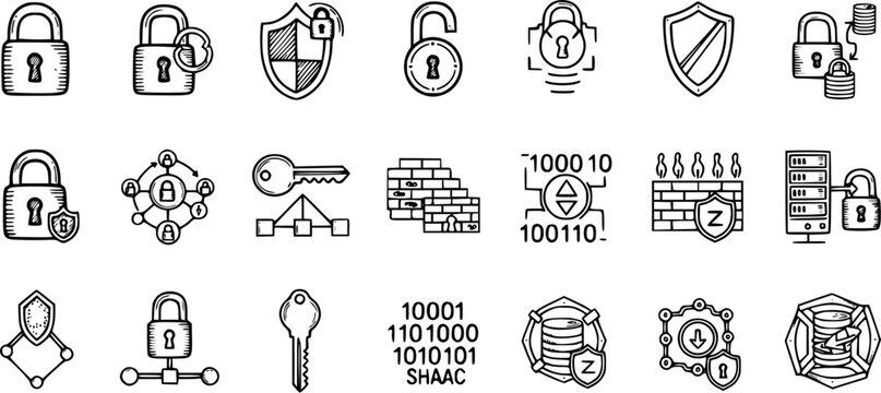 Cybersecurity Icons: Black and White Line Art of Locks, Shields, Keys, and Binary Code for Digital Security