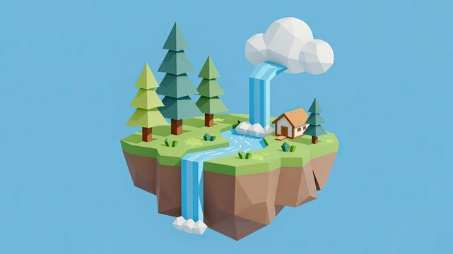 Low poly floating island with trees waterfall river house and clouds on blue sky.
