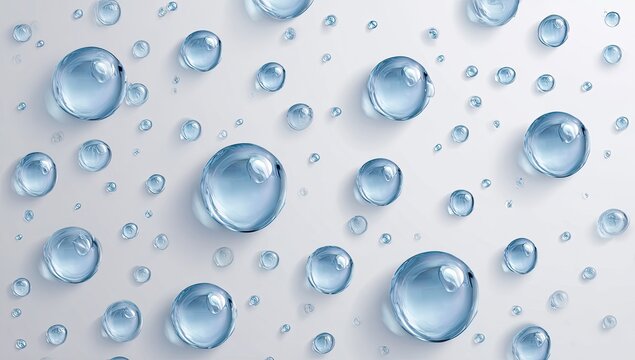 Clear water droplets with subtle light reflections scattered on a light background