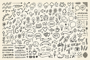 Naklejka premium A detailed illustration of various doodles and icons scattered across a page.