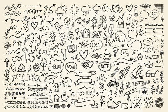 A detailed illustration of various doodles and icons scattered across a page.
