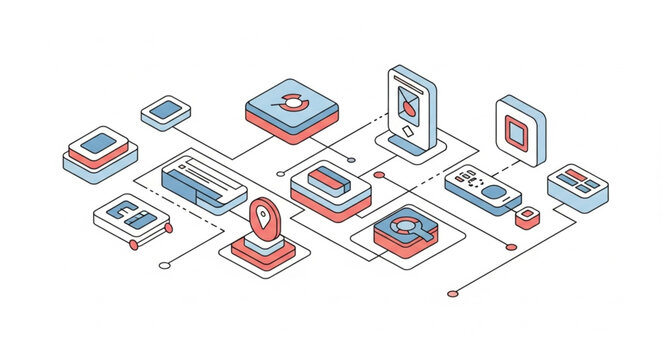 Isometric blockchain network architecture with interconnected nodes.
