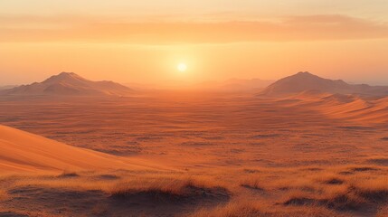 Naklejka premium Desert sunrise, vast landscape, golden hues
