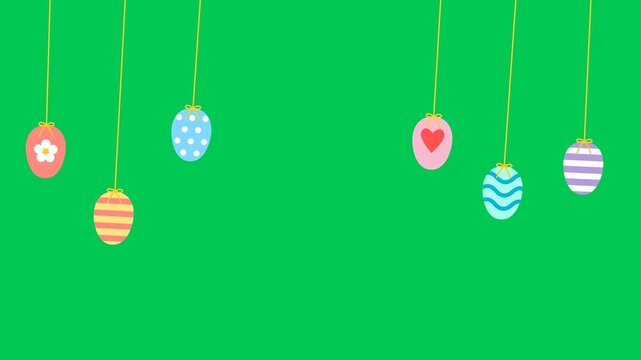 Vibrant animated Easter eggs descend on a chroma key backdrop for festive holiday video editing and spring themed marketing.