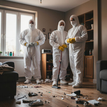 People in white hazmat suits cleaning up a messy living room after a disaster or crime scene for professional biohazard cleanup services and safety concepts.