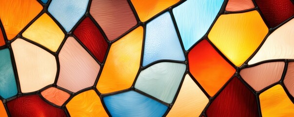 Fototapeta premium A vibrant stained glass window features irregular geometric shapes in warm and cool tones, creating a colorful mosaic pattern.