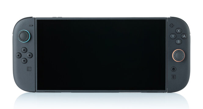 Nintendo Switch 2 gaming console isolated on transparent background close-up with natural reflection
