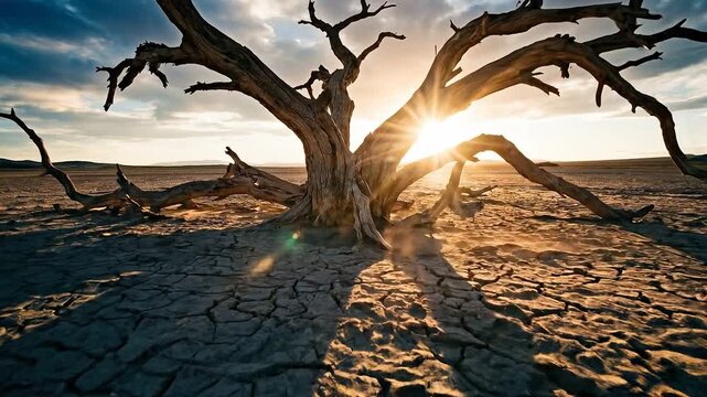 Ancient dead tree in deeply cracked earth landscape