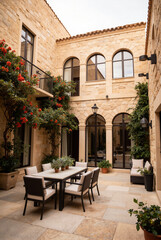 Naklejka premium Stunning mediterranean villa courtyard exterior with a cozy dining area surrounded by lush plants for luxury summer vacation and elegant residential architecture concepts.