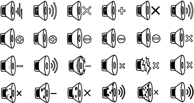 Hand-drawn Black and White Line Art Speaker and Volume Control Icons Set for User Interface, Audio, and Technology Applications - Mute, Plus, Minus, Sound Waves