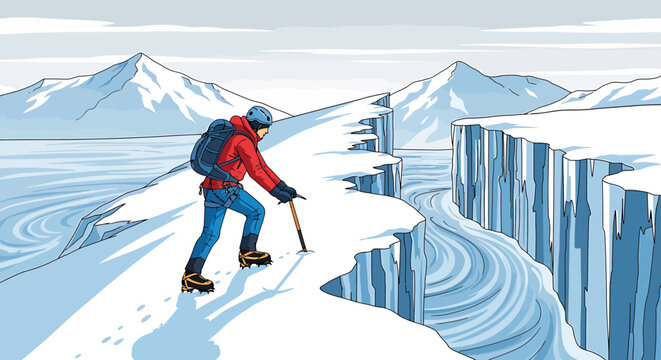Adventurous Hiker Carefully Navigates Snowy Mountain Ridge with Ice Axe.