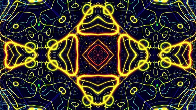 futuristic kaleidoscope with neon light. Concept of information data flow. 3d looped motion design bg. Vj loop fly through 3d space, kaleidoscopic square structure. Sci fi bg, hi tech plexus.