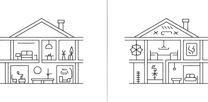 A comparative illustration of two houses, one showing outward radiating arrows indicating expansion or influence, the other depicting rain clouds and downward arrows symbolizing environmental factors.