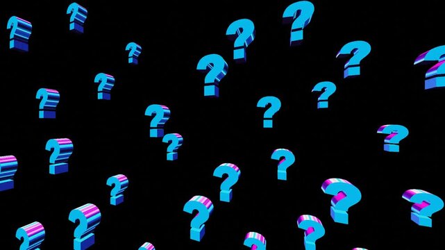 10 seconds of colourful 3d question marks rotating turning in a group on black background HD video animation screensaver motion graphics ask seek quest education finding 